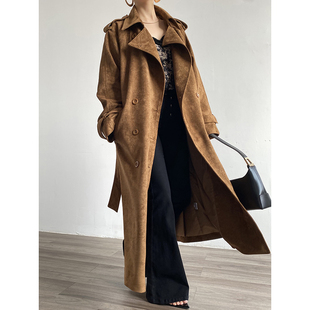 AcupStudio江右上 美式双排扣廓形麂皮外套卡其色高级感长款风衣