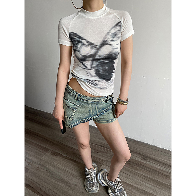 AcupStudio江右上 美式辣妹蝴蝶印花短袖T恤女夏季修身显瘦上衣