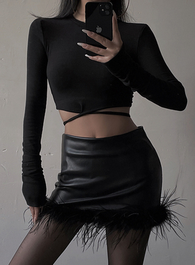 AcupStudio江右上 修身百搭绑带长袖辣妹T恤打底衣女内搭短款上衣