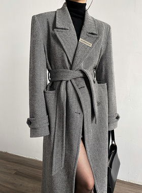AcupStudio江右上 灰色双排扣斜纹长款大衣女高级感长款毛呢外套