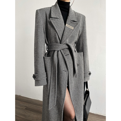 AcupStudio江右上 灰色双排扣斜纹长款大衣女高级感长款毛呢外套