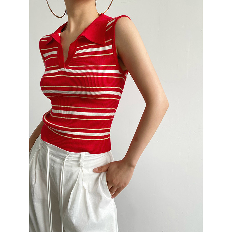 AcupStudio江右上 V字小翻领红白条纹无袖背心修身高腰时尚针织衫