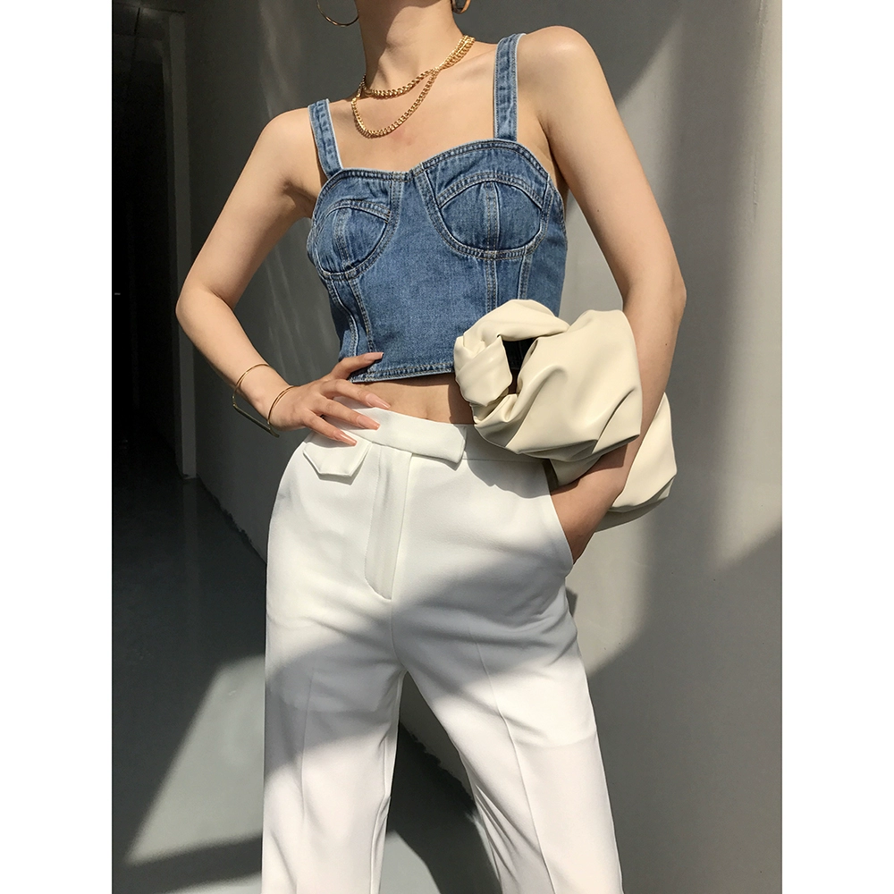 ACUPSTUDIO áo vest denim lỏng lẻo dây treo denim của phụ nữ mặc bên ngoài thiết kế cảm giác Hyuna phong cách ngắn mỏng trên - Áo ba lỗ