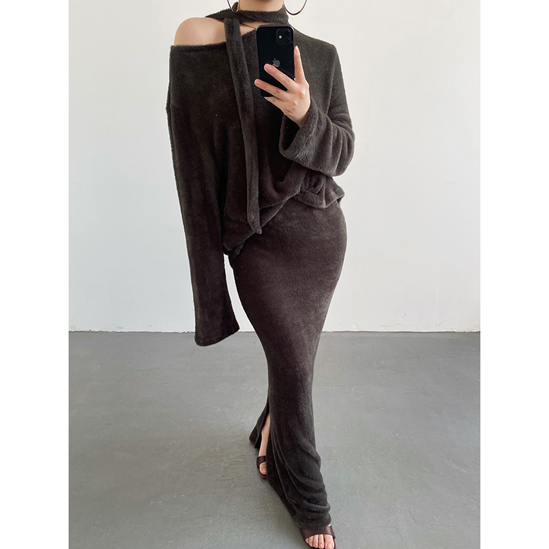 Acupstudio江右上 仿水貂飘带套装女新款秋冬上衣包臀半裙两件套