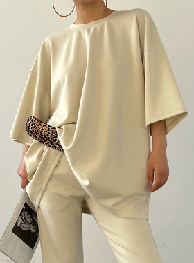 AcupStudio江右上 仿铜氨休闲中袖上衣长裤两件套女春季时尚套装