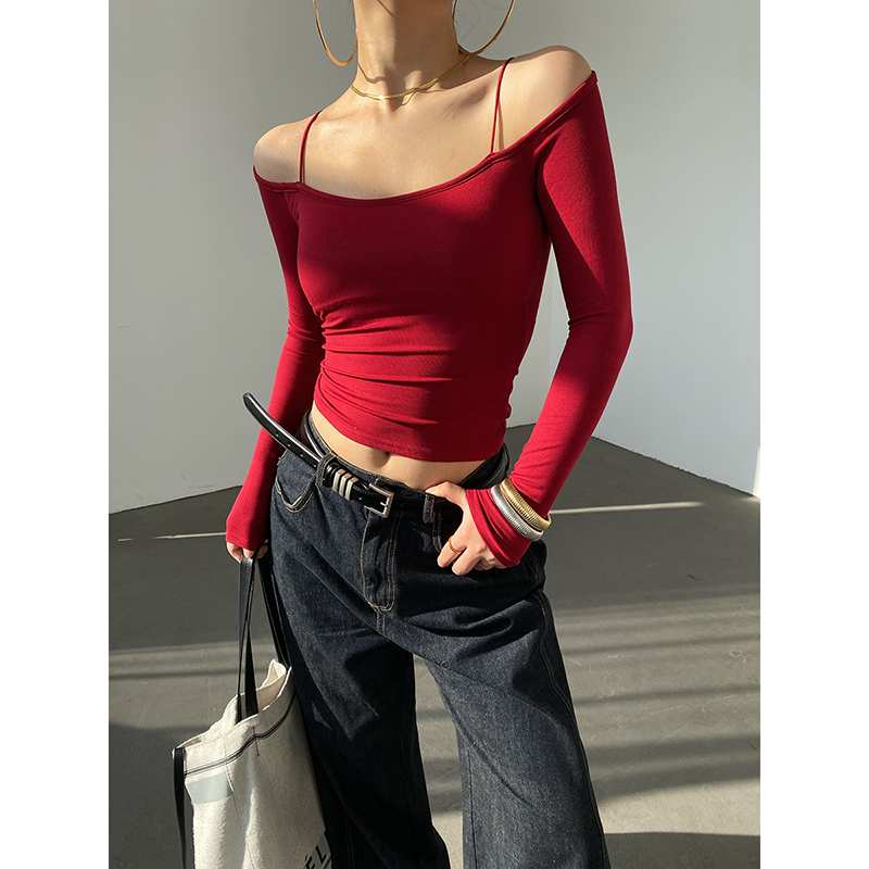 AcupStudio江右上 性感露肩细带打底T恤女春季修身显瘦短款上衣