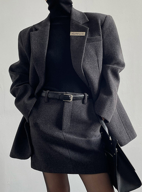 AcupStudio江右上 缝线毛呢西装外套女套装冬季长款半身裙两件套