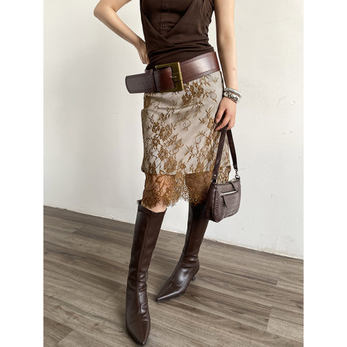 Acupstudio江右上 焦糖蕾丝拼接修身直筒包臀半身裙女中款裙子