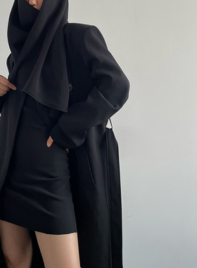 AcupStudio江右上欧美洋气廓版长款风衣绑带收腰围巾领显气质大衣