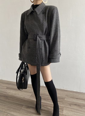 AcupStudio江右上 高级感双排扣人字纹短外套简约收腰显瘦大衣女