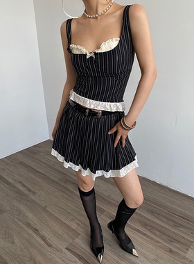 AcupStudio江右上复古辣妹套装女夏季蕾丝条纹吊带百褶半裙两件套