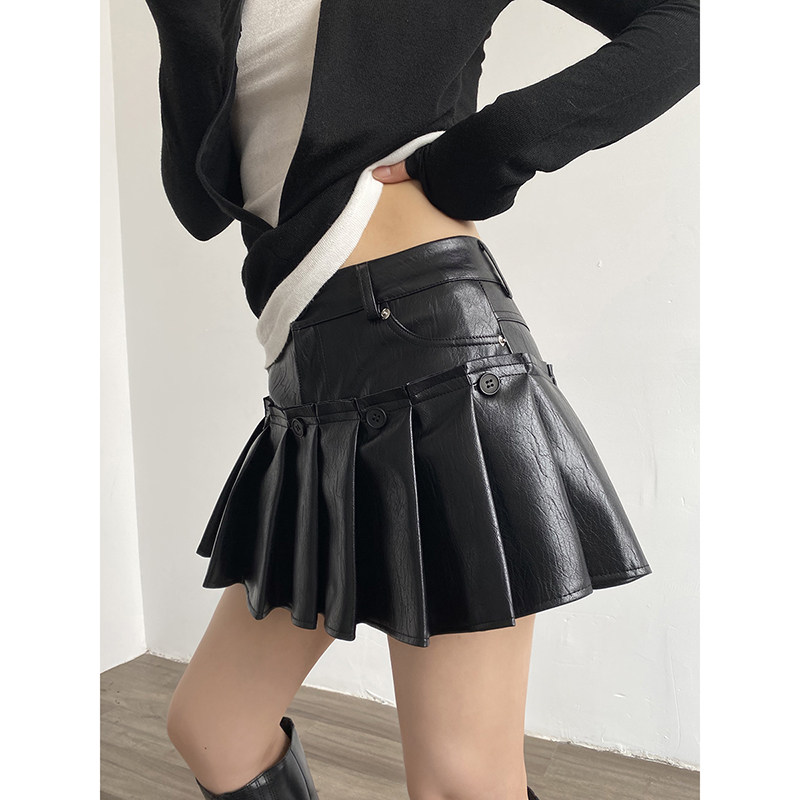 黑色百褶皮裙半身裙女