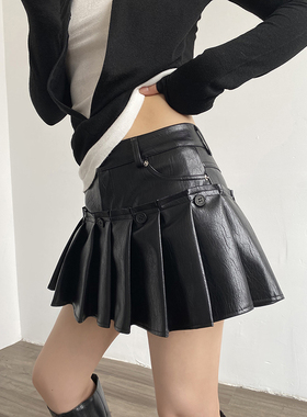 AcupStudio江右上 拆卸两穿黑色百褶皮裙半身裙女
