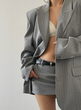 AcupStudio江右上 美式蓝灰条纹半身裙女春季低腰a字短款包臀裙子