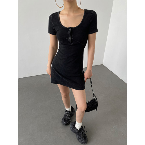 AcupStudio江右上复古做旧炒色方领连衣裙女夏季高腰显瘦短款裙子