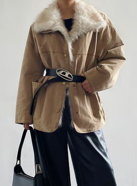 Acupstudio江右上 翻毛领咖色工装外套女新款冬季加厚毛绒绒上衣