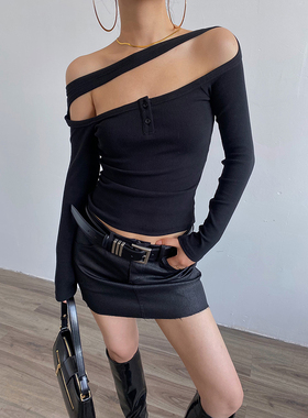 AcupStudio江右上 欧美风一字肩镂空T恤女秋季修身显瘦打底上衣