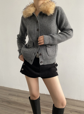 Acupstudio江右上 小翻领毛领针织开衫女新款秋冬设计感毛衣外套