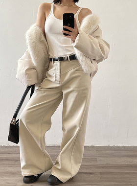 Acupstudio江右上 浅咖加绒直筒牛仔裤女新款直筒宽松阔腿长裤子