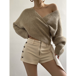 Acupstudio江右上 仿水貂V领交叉上衣女新款秋冬宽松设计感针织衫