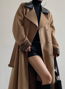 Acupstudio江右上 拼皮领双排扣毛呢外套女新款秋冬复古长款大衣