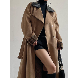 Acupstudio江右上 拼皮领双排扣毛呢外套女新款秋冬复古长款大衣