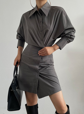 AcupStudio江右上不规则气质收腰衬衫连衣裙女秋季设计感包臀裙子