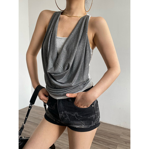 辣妹假两件荡领buling挂脖背心