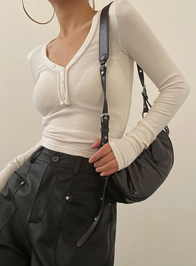 AcupStudio江右上 纯色V领长袖T恤女春季修身显瘦短款打底上衣