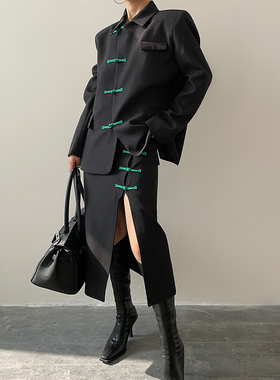 AcupStudio江右上 中国风唐扣西装外套女复古西服半裙套装两件套