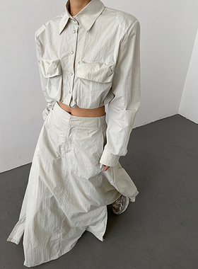 AcupStudio江右上 美式复古抽绳防晒衬衫女夏季辣妹短款轻薄上衣