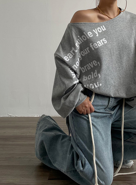 AcupStudio江右上 斜肩字母印花套头卫衣女秋季美式复古百搭上衣