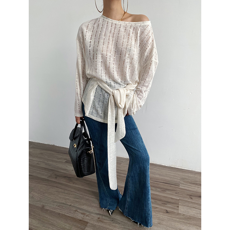 AcupStudio江右上 斜肩绑带镂空针织衫女秋季慵懒风休闲百搭上衣