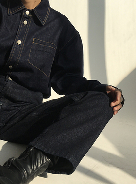 AcupStudio江右上 港味复古牛仔套装女深色长袖牛仔外套两件套潮