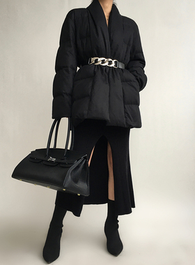 AcupStudio江右上 高端极简羽绒服女冬季绑带收腰黑色宽松外套