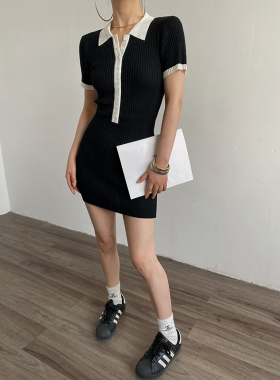 AcupStudio江右上美式撞色Polo领短款包臀连衣裙修身显气质针织裙