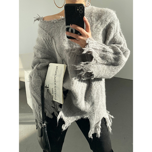 AcupStudio江右上 破败风流苏毛衣女慵懒风设计感小众宽松针织衫