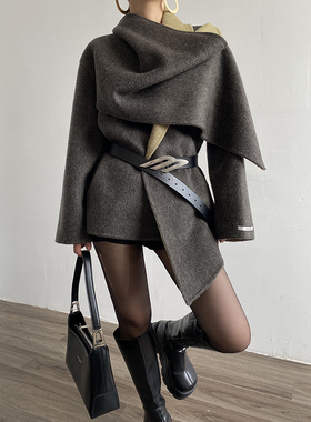 AcupStudio江右上 小众设计感大围巾领双面羊毛大衣毛呢外套女