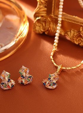 爆款彩色锆石葫芦福禄项链中国风福禄节日喜庆纳福毛衣链高端耳钉