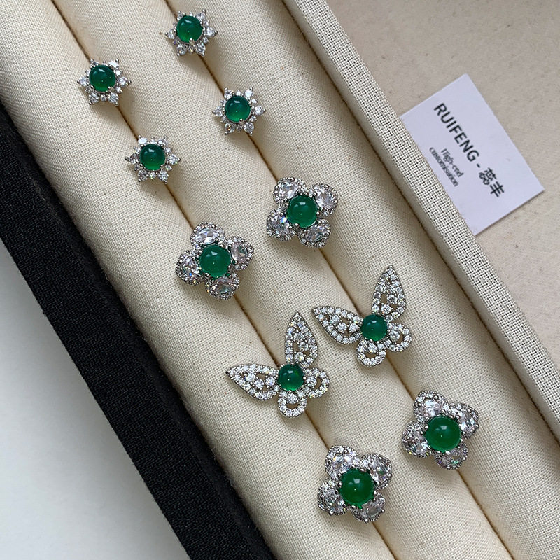 S925纯银天然翡翠原石祖母绿色冰种钻石耳钉女高级感轻奢耳环耳饰