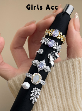 镀真金法式复古宫廷风食指戒小众轻奢高级感重工锆石开口戒指手饰