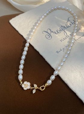 100%天然淡水珍珠精致山茶花项链女气质高级感颈链时尚精致锁骨链