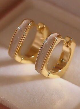 白色滴釉几何方形耳扣女气质简约高级感耳环小众轻奢法式百搭耳饰