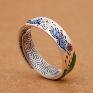 珐琅彩银戒指女9999纯银复古个性时尚简约开口可调节景泰然指环