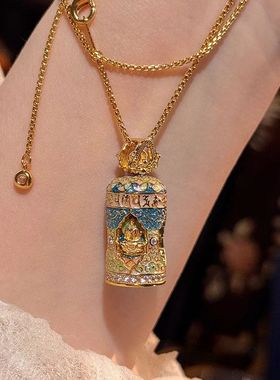 保色国风四面佛吊坠沙金项链真空电镀仿黄金色复古珐琅彩项链饰品