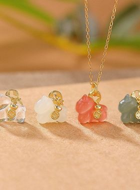 S925纯银镀金和田玉晴水玉水红白水晶铜钱新年生肖马银挂坠