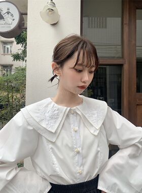 日系小人开衫开叉长袖刺绣棉衬衫