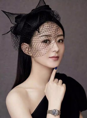 赵丽颖同款黑色复古小礼帽女名媛旗袍礼服头饰网纱面纱遮面发饰冬