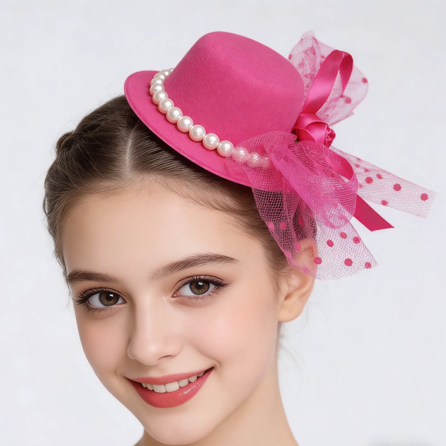 玫红粉色珍珠装饰小礼帽女复古千金风平顶帽优雅蝴蝶结晚宴发饰