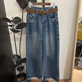 欧洲站复古高腰破洞阔腿牛仔裤女2025秋新款宽松显瘦百搭直筒长裤